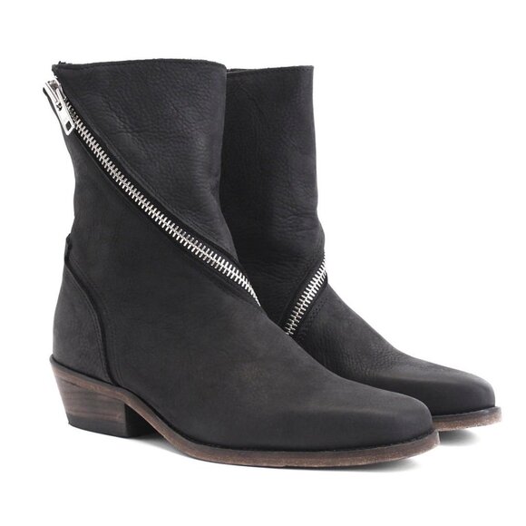 John Fluevog Ruth Skin Spiral-Zip Leather Boot / Size 7.5 / Black - Picture 1 of 13